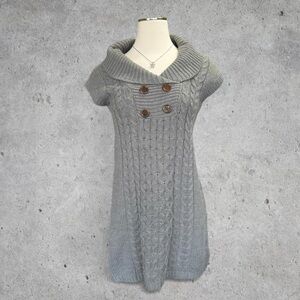 Chic Gray Cable Knit Sweater Dress w Faux Buttons & Large Cowl Neck Collar- M